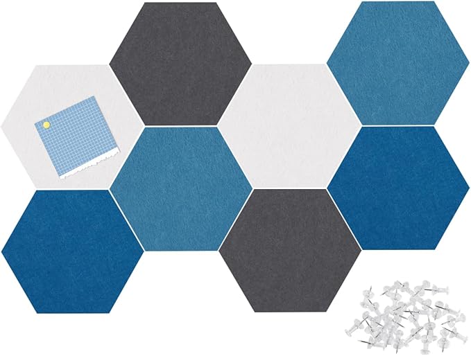 Felt Bulletin Board Tiles, 8 Pcs Hexagon Wall Tiles with Removable Adhesive, 7.9×6.9 Inch Cork Pin Board for Classroom, Home, Office (Set D, Middle)