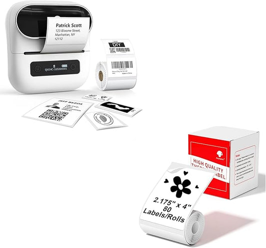 Phomemo M220 Label Maker White & 1 Roll White Thermal Label 2.175"x4"(54x101mm), Upgrade 3 Inch Barcode Portable Printer, for Office & Small Business, Compatible with Phones&PC