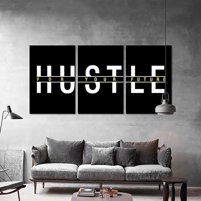 Set of 3 Large Wall Art for Office Decor Motivational Hustle Canvas Print Inspirational Quotes Wall Decor Black and White Inspiring Words Painting Modern Artwork Framed Poster for Home, 24" x 36" x 3