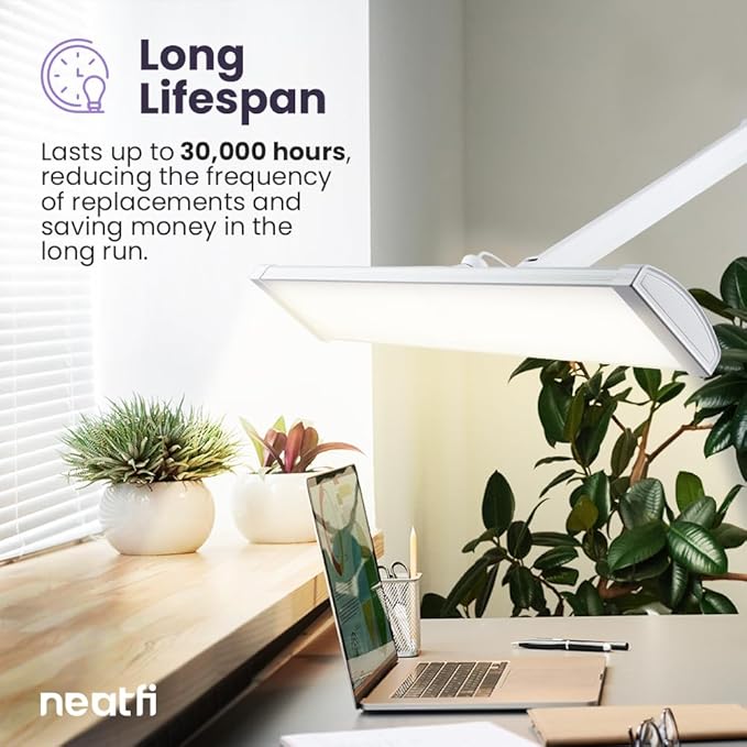 Neatfi 3,500 Lumens LED Desk Lamp – 45W Dimmable Task Light | 3 Light Modes | 540 SMD LEDs | Touch Control | 26-Inch Wide Metal Shade | Reading, Craft, Workbench & Office (CCT with Base, White)