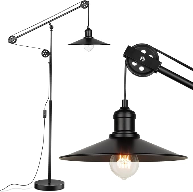 Adjustable Industrial Floor Lamps for Living Room - Rustic Reading Lamp with Pulley System, Modern Farmhouse Indoor Pole Task Lamp, Vintage Tall Standing Lamps for Bedroom Office, Blackened Bronze