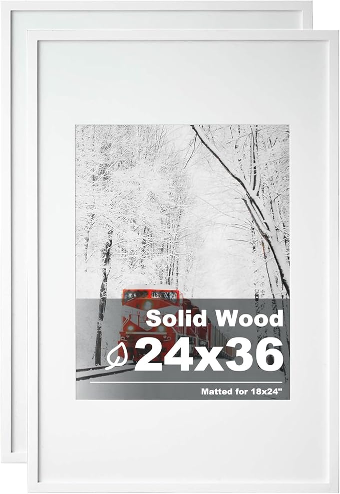 Egofine 24x36 Poster Frames Solid Wood Matted for 18x24, Set of 2 White - Wall Mounting for Horizontal and Vertical Display