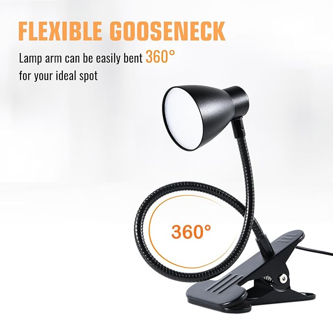 CRI 90+ Clip on Reading Light, Small Clamp on Desk Lamp, 3000K-6500K Adjustable Color Temperature, Gooseneck Bed Clip Light for Headboard(Adapter Included)