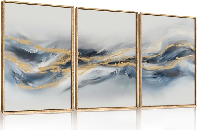 Large Abstract Navy Blue Gold Framed Canvas Wall Art,Watercolor Brush Stroke Wall Decor,Neutral Geometric Wave Artwork,Modern Minimalist Shape Art Print for Living Room,Bedroom,Office-16"x24"x3