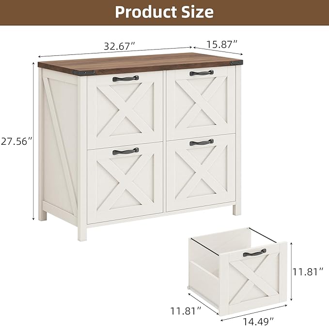 Farmhouse File Cabinet, Lateral Filing Cabinet with 4 Drawers for Letter/A4 Size Hanging Files, Wooden Printer Stand File Storage Cabinet for Home Office Cabinets, Rustic White