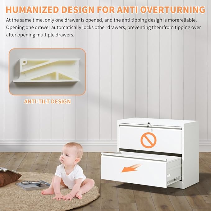 2 Drawer Lateral File Cabinet with Lock for Home Office Metal Filing Cabinet with Adjustable Hanging Bars Horizontal Filing Organization Storage Cabinet for Letter/Legal/A4/F4 Size White
