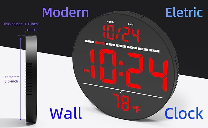 Digital Wall Clock with Large LED Display, Date, Temperature, Auto-Brightness | Small [PLUG-IN] Clock | Modern Electric Wall Clock for Bedroom, Classroom, Living Room, Home, Office, Farmhouse – Red
