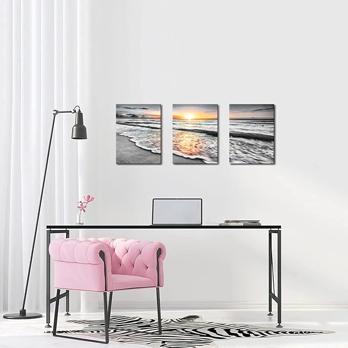 Bamdeya Bathroom Wall Decorations 3 Piece Black and White Picture Framed Wall Art Bedroom Beach Canvas Prints Photos Ocean Painting Sunset Poster Sea Artwork for Office Dining Room Decor 12x16x3pcs