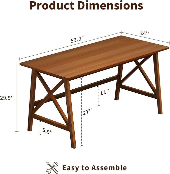 Modern Solid Wood Desk - 54" Simple Computer Table for Home Office Study Writing Workstation in Walnut, 54" W x 24" D