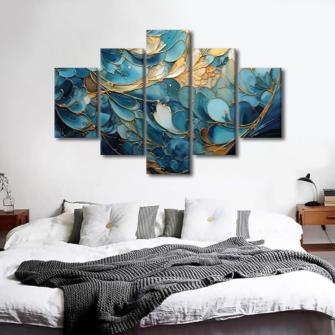 Canvas Wall Art Decor for Home Modern Abstract Canvas Wall Art Blue and Gold Abstract Marble Poster Prints on Canvas 5 Panel Living Room Decoration Artwork Stretched Ready to Hang 60x40 in