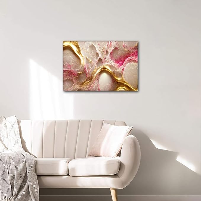 1 Panel Wall Art Decor for Home Modern Abstract Marble Textured Poster Prints on Canvas Modern Gold and Pink Picture Printing for Native Americans Room Wall Art Stretched Ready to Hnag 24x16 in