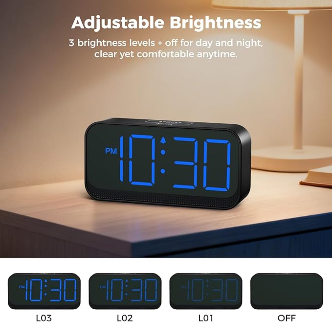 Battery Operated Digital Clock: Cordless Small Alarm Clock for Bedroom Travel - Large Numbers 4 Dimmers for All Ages Blue Digits