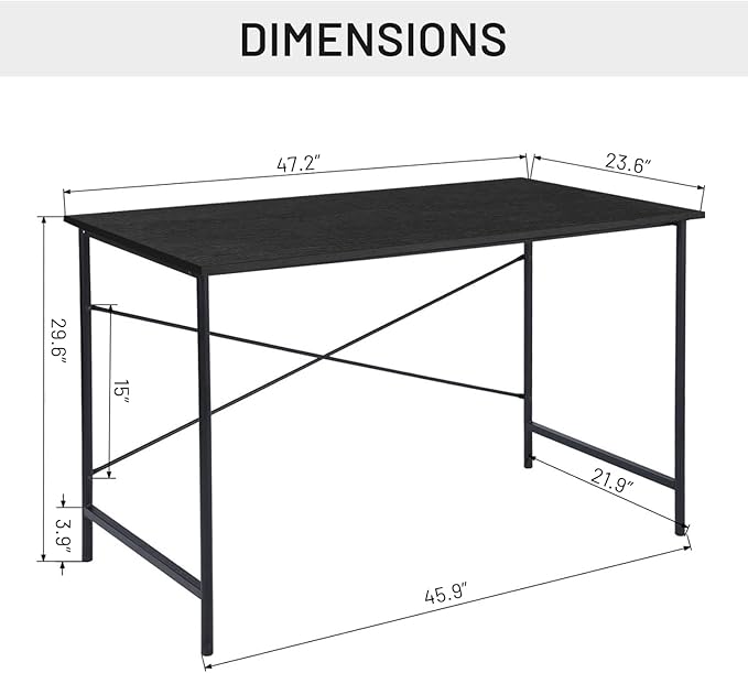 FurnitureR Home Office Desk 47.2-Inch, Simple Computer Desk with Sturdy Metal Legs, Multi-Purpose Writing Table for Students, Work, or Study, Black