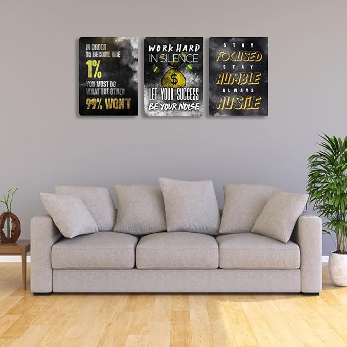 3 Piece Black Wall Art Modern Motivational Quotes Wall Art Canvas Art Inspiring Entrepreneur Hustle Poster Prints Wall Decor Office Wall Decorations Framed Posters for Office(36''Wx 16''H)