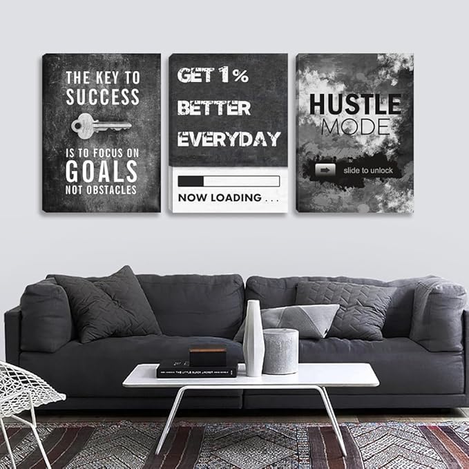 Large Black Inspirational Wall Art Motivational Wall Art 3 Pieces Canvas Wall Art Office Decor Hustle Quotes Poster Painting Print Artwork Framed for Bedroom Living Room Gym(72''Wx 36''H)