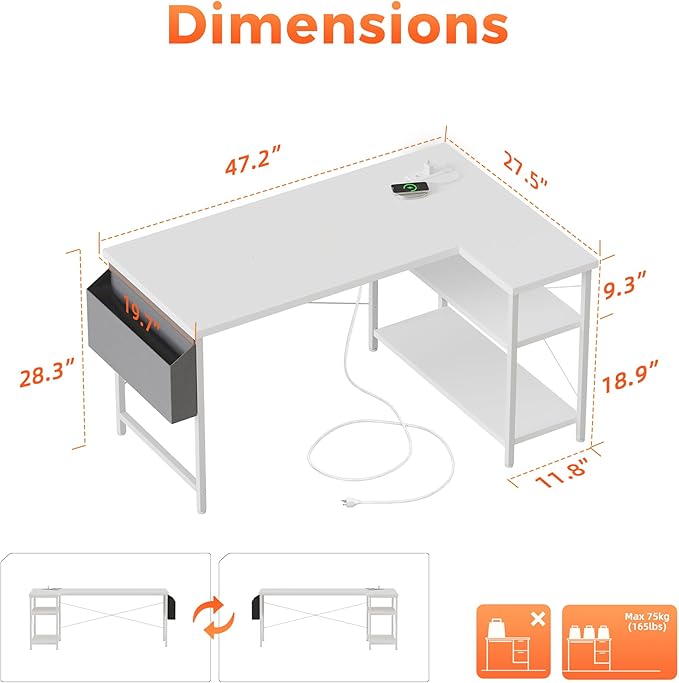 Mericonia Small L Shaped Computer Desk with Power Outlets, Reversible Gaming Desk with Storage Shelves, Corner Gamer Desk Table, Study Writing Table