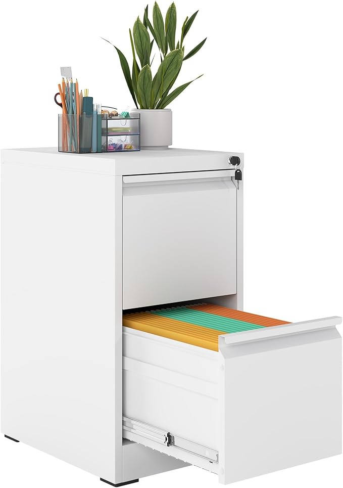 2 Drawer File Cabinet with Lock, Narrow Vertical Filing Cabinets for Home Office, Under Desk Storage Cabinet, Heavy Duty File Cabinet, Amssebly Required, White