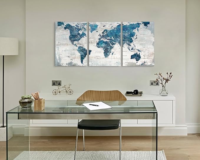 GIFTTWART World Map Office Wall Art Canvas for Living Room Wall Pictures Blue Large Artwork Modern Bedroom Kitchen Dining Room Home Decor