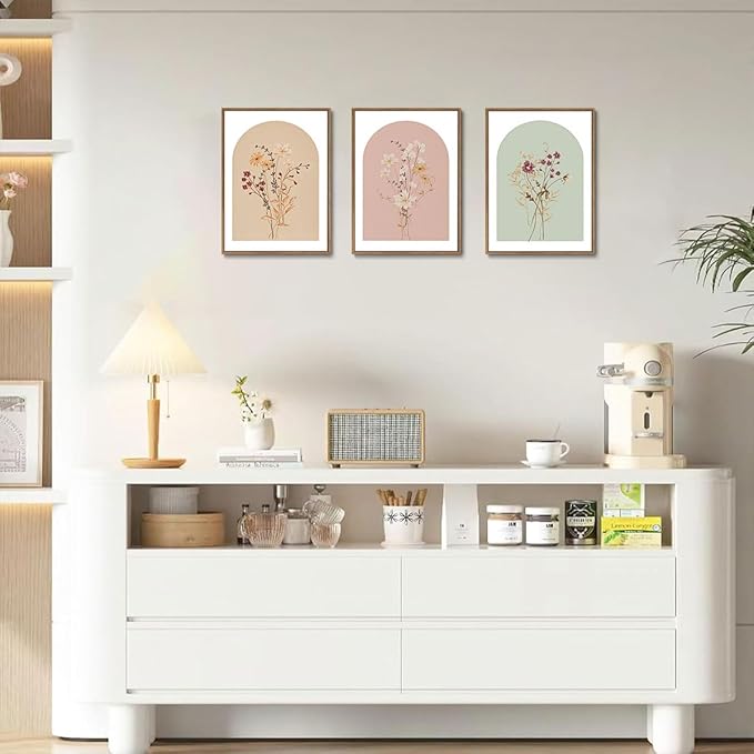 KISSFOX 3 Piece Framed Wall Art Wildflower Wall Decor Floral Pictures Botanical Canvas Art Pink Green Yellow Paintings Minimalist Boho Artwork For Girly Room Bedroom Living Room