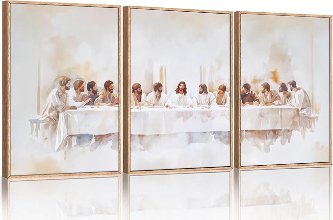KAIRNE Jesus Last Supper Framed Canvas Wall Art Set, Christian Twelve Apostle Wall Decor, Bible Renaissance wall Painting, Religious Picture Art Print for Living Room, Bedroom, Church, Large 16"x24"x3
