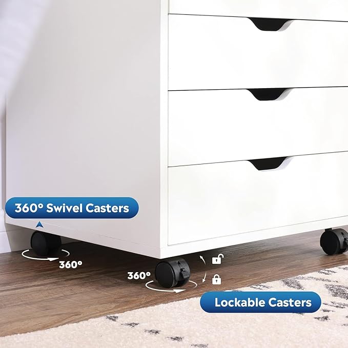 DEVAISE Wood File Drawers, Mobile Office Cabinet with 5 Drawer and 1 Door, Rolling Filing Drawer for Home Office, White