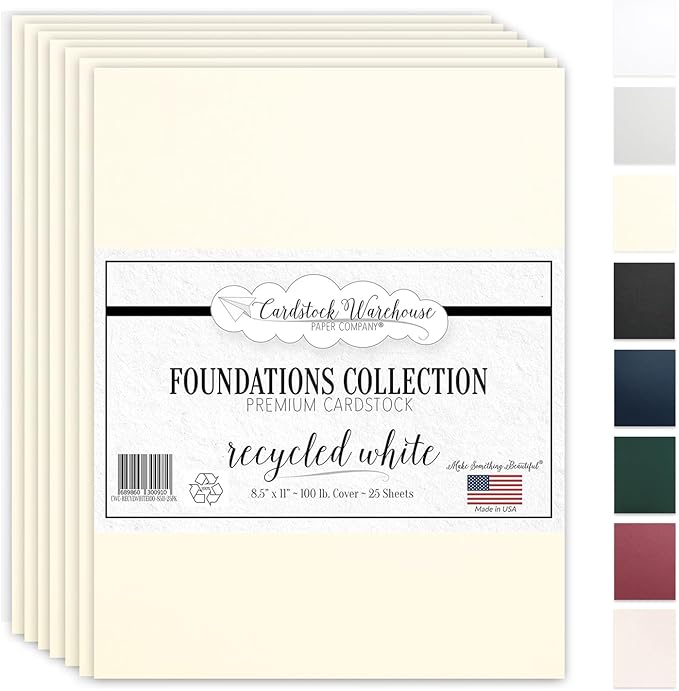 Cardstock Warehouse Foundations 100% Recycled Whitewash Cardstock Paper - 25 Sheets, 8.5 x 11” - 100 Lb/270 GSM Premium Off-White Card Stock for Card Making, Laser, Inkjet Printing, & DIY Projects