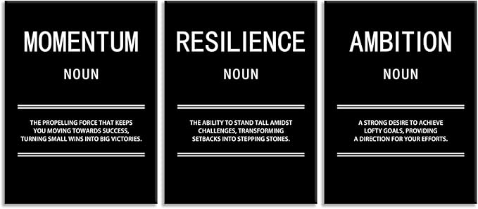 WYJZDZQ8 3 Panel Inspirational Canvas Print Wall Art Ambition Momentum Resilience Motivational Poster Painting Modern Inspiring Artwork for Home Office Living Room Decor Ready to Hang [36''Wx 16''H]