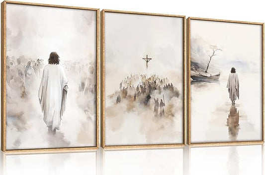 Jesus Christ Easter Framed Canvas Wall Art Set,Religious Christian Bible Verses Crucified Resurrection Wall Decor,Netural Beige Watercolor Artwork for Living Room,Church,Prayer Room -16"x24"x3