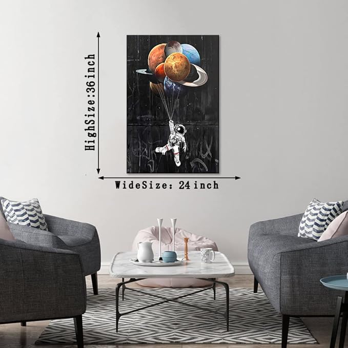 Yatsen Bridge Universe Theme Wall Art, Space Astronaut Holding Planetary Balloon Canvas Picture Art Print, Modern Home Wall Decor Stretched and Framed Ready to Hang - 24x36 inches