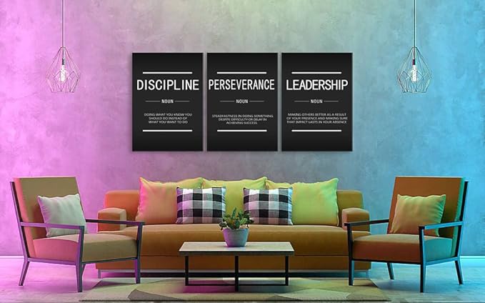 3 Panels Inspirational Canvas Wall Art Motivational Entrepreneur Quotes Discipline Perseverance Leadership Noun Poster Print Artwork Painting Picture Framed Home Office Wall Decor[60''Wx 28''H]