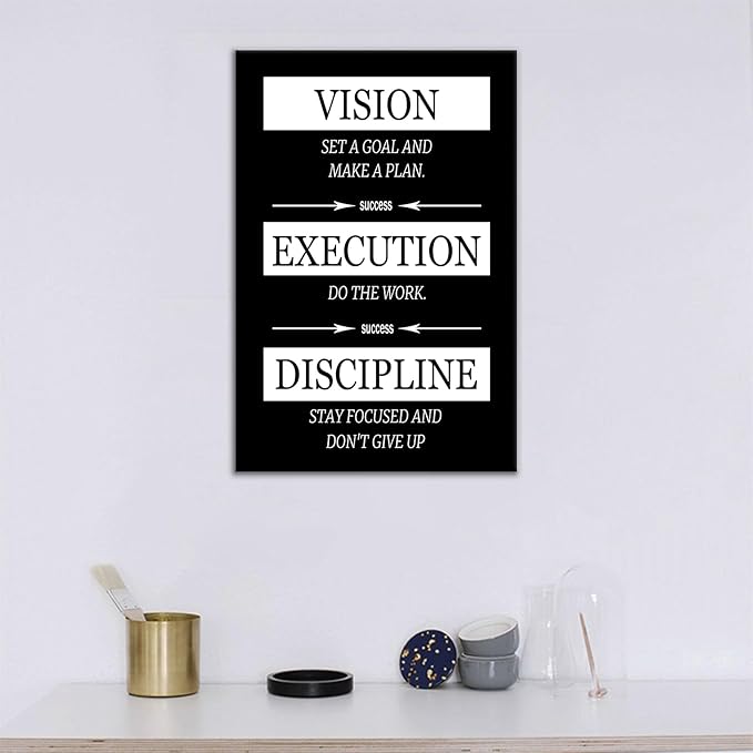 Inspirational Canvas Wall Art Poster Print Vision Execution Discipline Motivational Home Decor Quotes Picture Painting for Modern Bedroom Company Office Gym Stretched and Framed [12''Wx18''H]