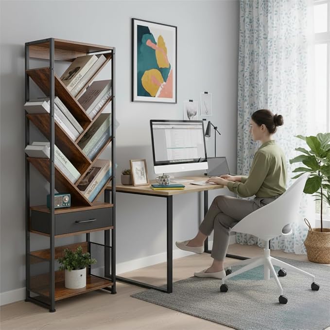 Bookshelf with Drawer,10 Tier Tree Bookcase Retro Floor Standing Bookshelves,Tall Wood Bookcases with Cabinet Storage Organizer for Living Room, Bedroom & Home Office, Classic