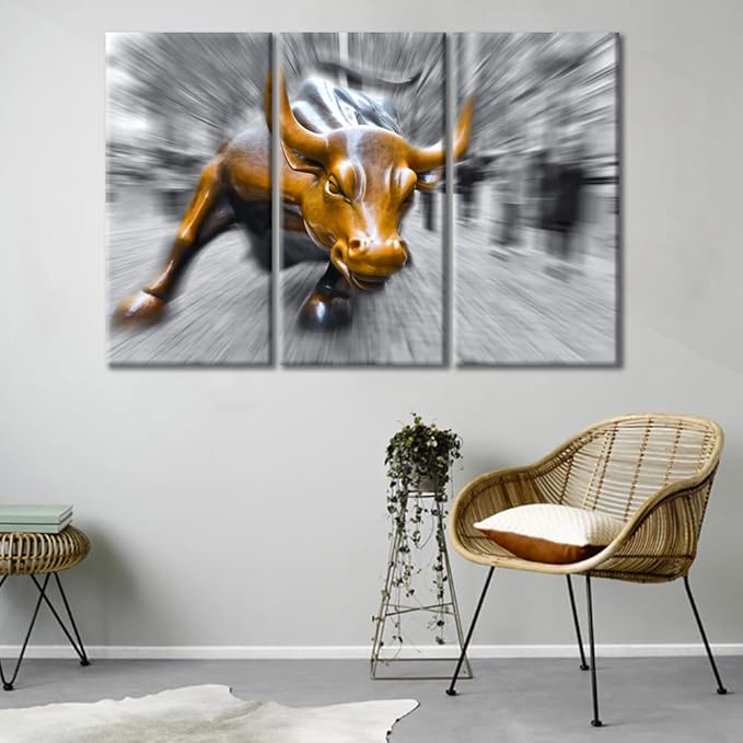 Black and White Copper Bull Photography Print, Wall Street Bull Canvas Artwork Stretched and Framed, Symbol of Strength and Courage Canvas Wall Art Ready to Hang - 36" Wx24 H