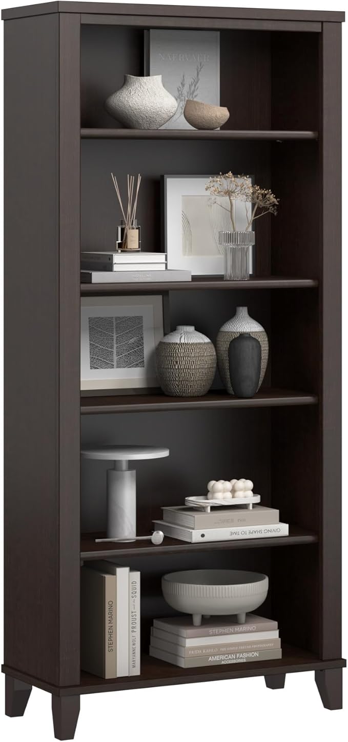Bush Home Somerset 5 Shelf Bookcase in Mocha Cherry, Tall Bookshelf, Large Book Shelf for Living Room, Home Office, or Entryway