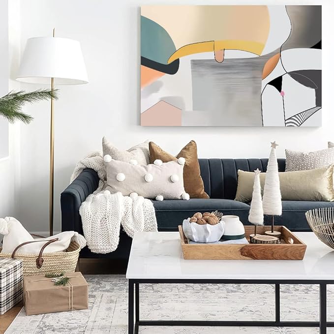 Wall Art Canvas Abstract Color Block Line Art Prints Apricot Cyan Black Grey Color Blocks and Lines Painting Modern Artwork Decor for Living Room Bedroom Kitchen 48x32in