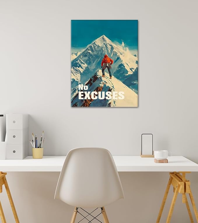 No Excuses Canvas Wall Art - Motivational Climber Print with Snowy Peak Background, Inspirational Wall Decor Inspiring Poster Positive Artwork for Office Home Gym Living Spaces, Framed 18"x24"