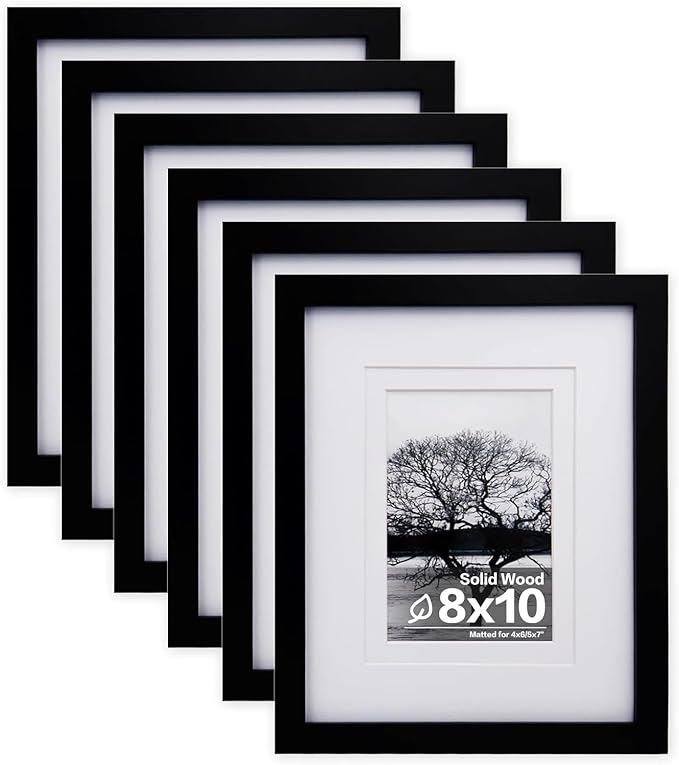 Egofine 8x10 Picture Frames Set of 6, Made of Solid Wood Covered by Plexiglass Display 4x6 and 5x7 with Mat or 8x10' without Mat, for Table Top Display and Wall Mounting Photo Frame Black