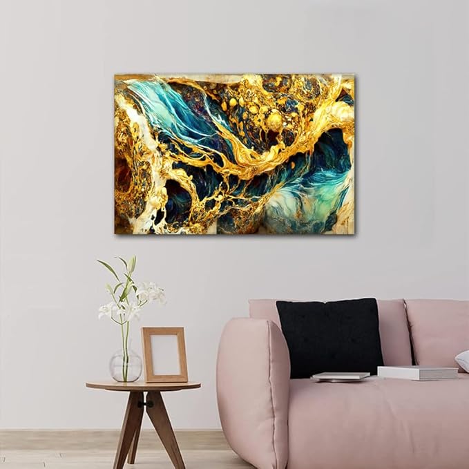 Abstract Wall Art for Men Modern 1 Panel Canvas Marble Artwork Alcohol Ink With Gold Illustration Poster Fashion Backdrop Picture for Living Room Bedroom Office Wall Decor Framed to Hang 36x24 in