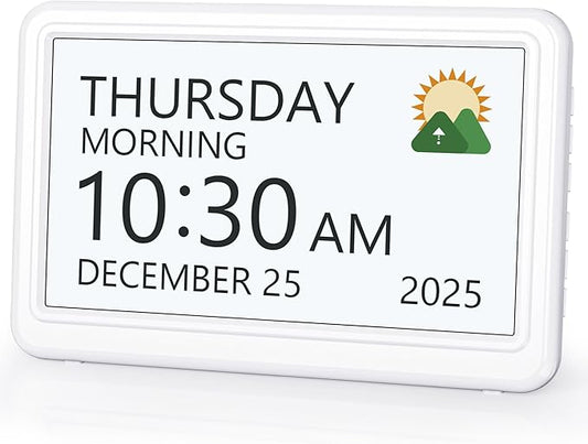 Digital Clock with Date and Week for Seniors, Alzheimer's Dementia Clock with 20 Alarms and 6 Medicine Reminders, Large Font Digital Calendar Alarm Clock for Vision Impaired, White (Ac Powered)