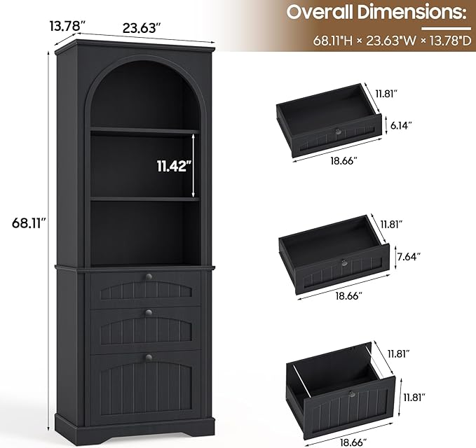 Farmhouse File Cabinet Fits Letter/Legal/A4 Size Hanging File Folders, 3-Tier Floor Standing Bookcase with File Drawer and Open Shelf, Wood Filing Cabinet Printer Stand for Home Office, Black