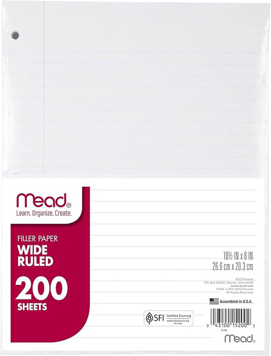 Mead Loose Leaf Paper, Wide Ruled Filler Notebook Paper, 8" x 10-1/2", 200 Sheets, Fits 3-Ring Binder (15200)