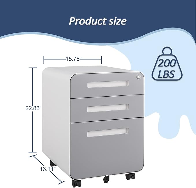 3 Drawer Mobile File Cabinet with Lock, Under Desk Storage Filing Cabinet for Home Office, Small Rolling File Cabinet for Legal, Letter and A4 Files (White+Gray)