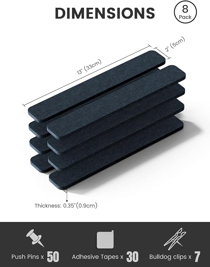 Fluxynara Cork Board Alternative Felt Strip Board 8-Pack 13"x2", Office Pin Board with 50 Push Pins, Adhesive Install for Bedroom Door & Home Office(Deep Charcoal Blue)
