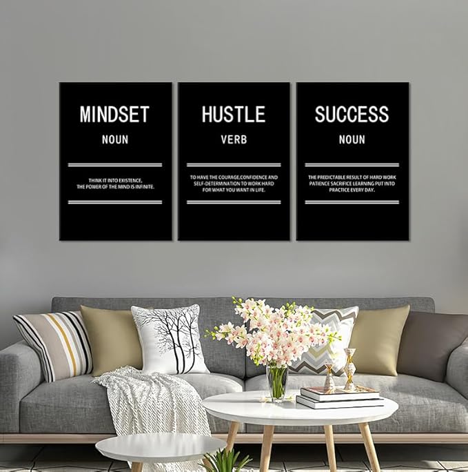 Motivational Canvas Wall Art for Office Mindset Hustle Success 3 Panel Print Inspirational Poster Painting Modern Inspiring Artwork for Home Living Room Gym Decor Ready to Hang [60''Wx 28''H]