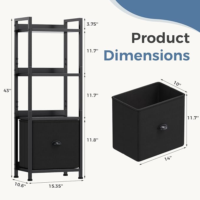 DUMOS 4 Tier Bookshelf, Bookcase with Fabric Drawer, Multi-Functional Display Standing Shelf for CDs/Books/Movies, Wood and Metal Storage Organizer in Bedroom, Living Room and Closet, Black