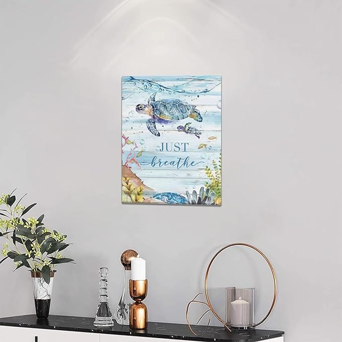 yerretin Nautical Sea Turtle Wall Art Ocean Just Breathe Pictures Wall Decor Beach Canvas Painting Modern Artwork Home Decoration for Bathroom Living Room Bedroom Office Framed 12"x16"