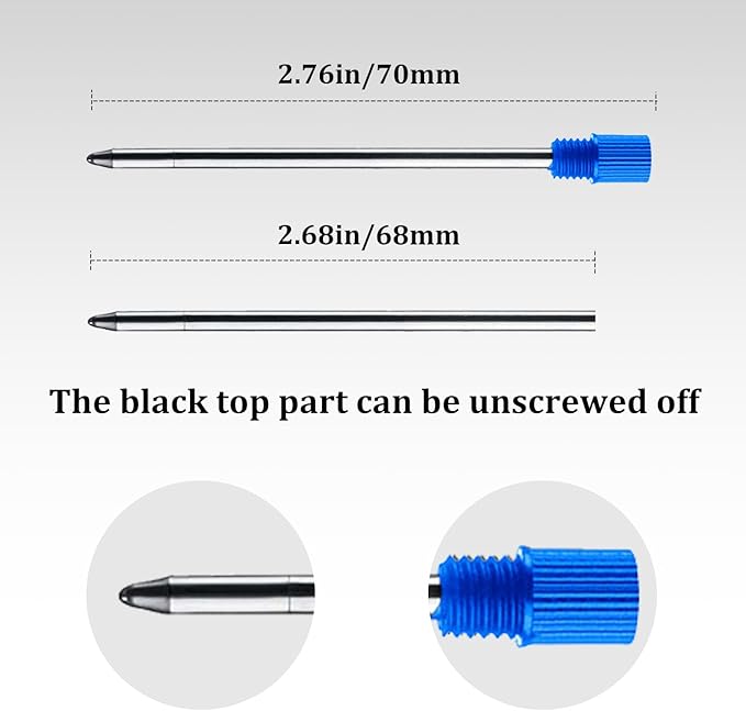Blue Ink Refills (10 Pcs), Replaceable Pen Refills, 2.75 inch (70 mm) Ballpoint Pens Refills, 1.0mm Medium Tips - Blue