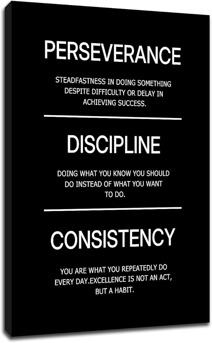 Motivational Office Poster Decor Inspirational Canvas Wall Art Perseverance Discipline Consistency Success Quotes Picture Painting Artwork for Classroom School Stretched and Framed [24''Wx36''H]