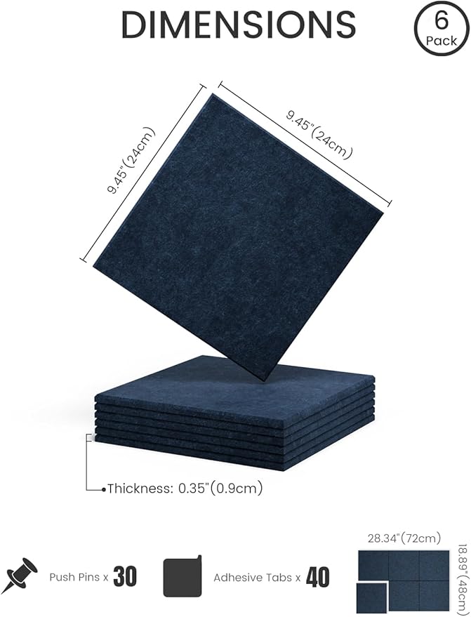 Fluxynara Felt Bulletin Board Tiles -28"x18" Cork Board Alternative for Office Decor, Push Pin Board Wall Organizer 6-Pack - Carbon Blue