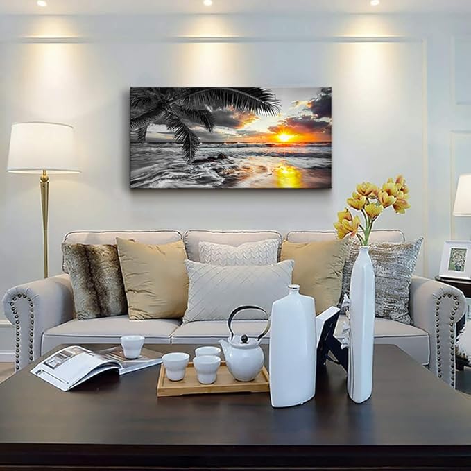Yxbhhym-Large Canvas Black White Gold Ocean Wall Art Sunset Beach Pictures Coastal Painting Sunrise Seascape Scenery Print Palm Poster Sea Artwork for Bedroom Wall Art Living Room Office Décor